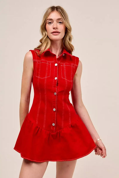 SO ME Button Down Sleeveless Collared Game Day Mini Dress - RED / S