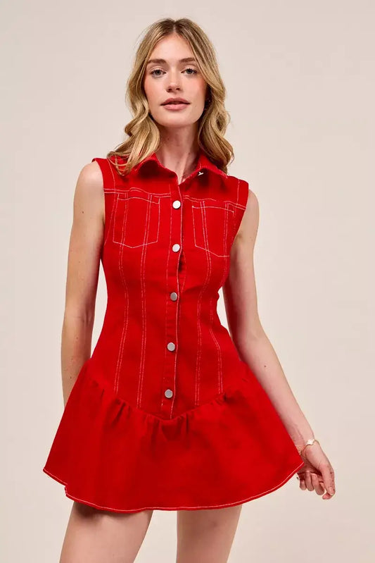 SO ME Button Down Sleeveless Collared Game Day Mini Dress - RED / S