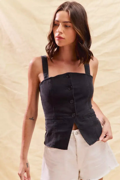 SO ME Button Down Sleeveless Game Day Fitted Denim Top