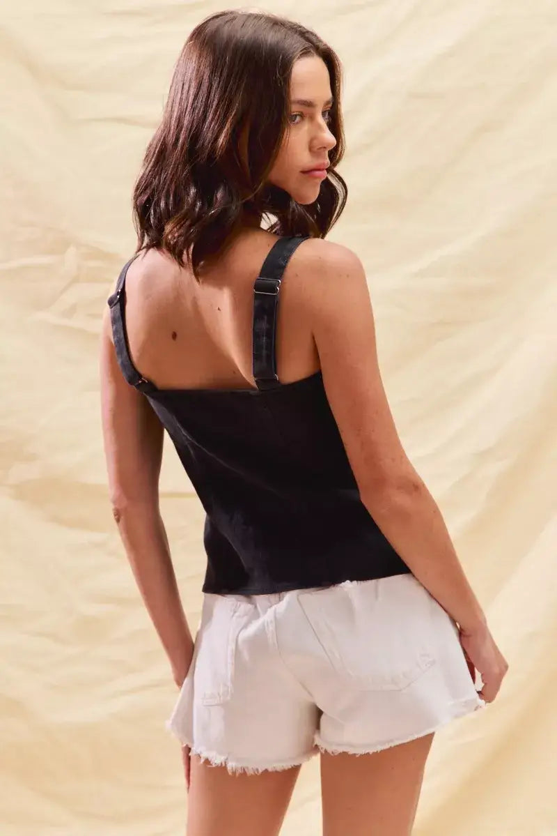 SO ME Button Down Sleeveless Game Day Fitted Denim Top