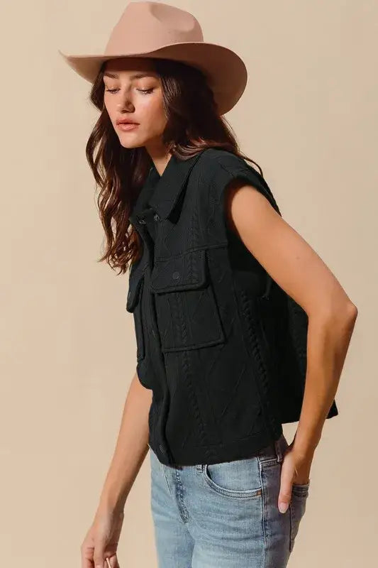 SO ME Cable Quilting Stitch Button Up Knit Vest - Button Up Knit Vest