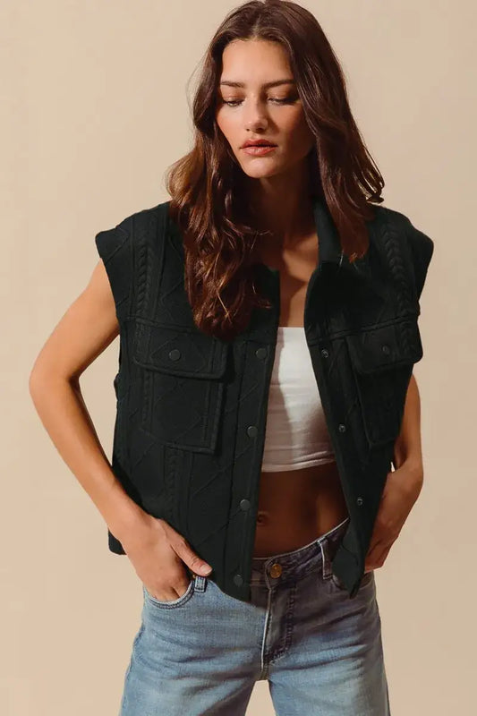 SO ME Cable Quilting Stitch Button Up Knit Vest - BLACK / S - Button Up Knit Vest