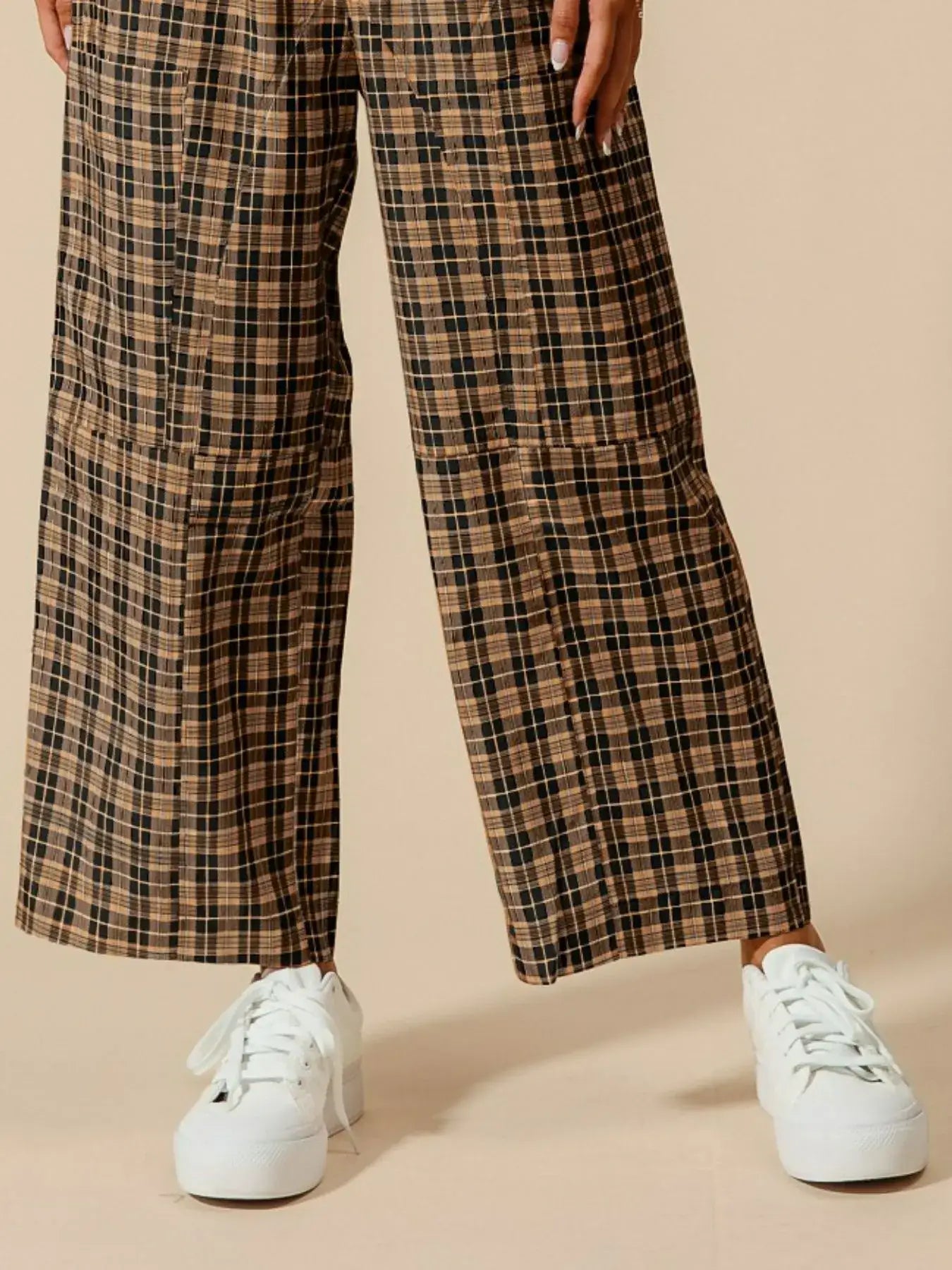 SO ME Check Plaid Wide Leg Pants with Big Patch Pockets - Leg Pants with Big Patch Pockets
