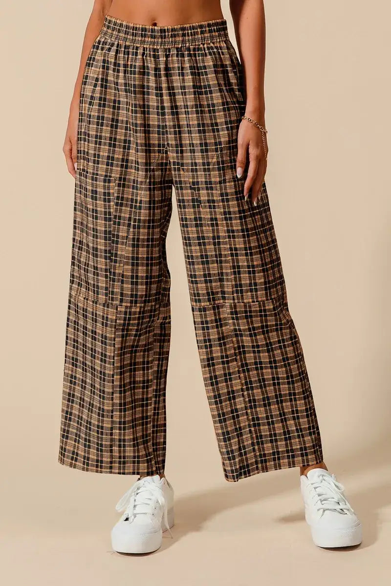 SO ME Check Plaid Wide Leg Pants with Big Patch Pockets - BLACK/CAMEL / S - Leg Pants with Big Patch Pockets