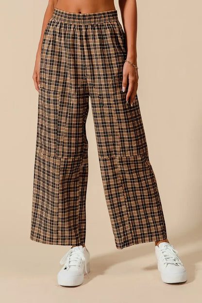 SO ME Check Plaid Wide Leg Pants with Big Patch Pockets - BLACK/CAMEL / S - Leg Pants with Big Patch Pockets