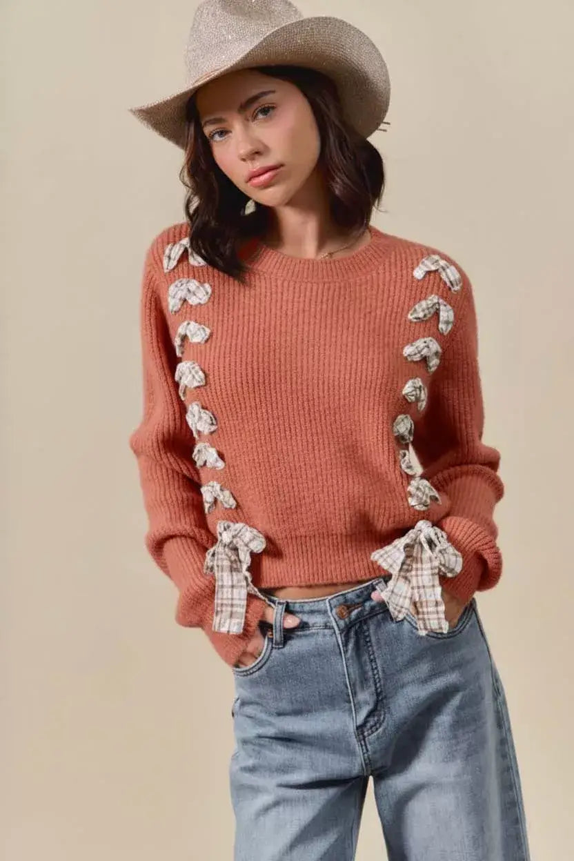 SO ME Checkered Plaid Tape Lace Up Ribbed Sweater - RUST / S