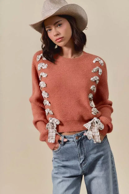 SO ME Checkered Plaid Tape Lace Up Ribbed Sweater - RUST / S