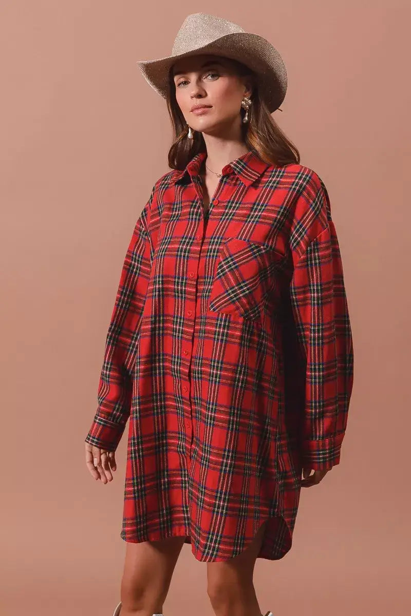 SO ME Christmas Checker Plaid Button Up Shirt Dress