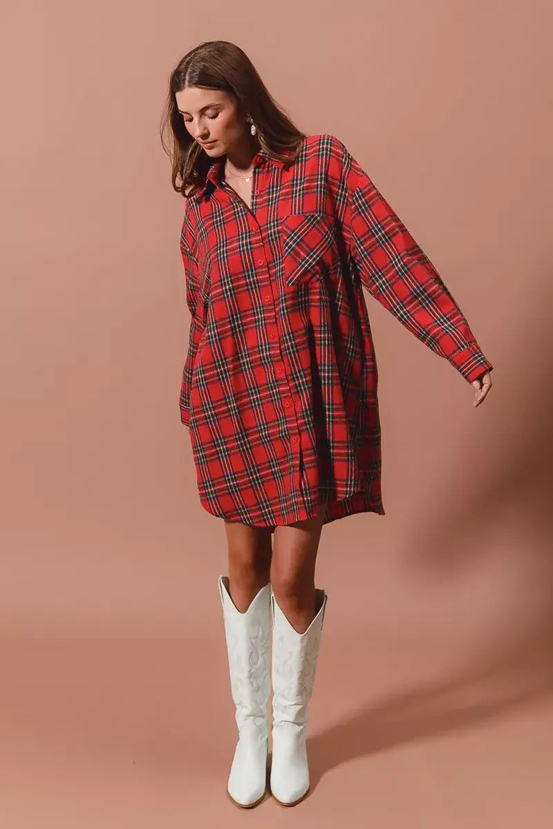 SO ME Christmas Checker Plaid Button Up Shirt Dress