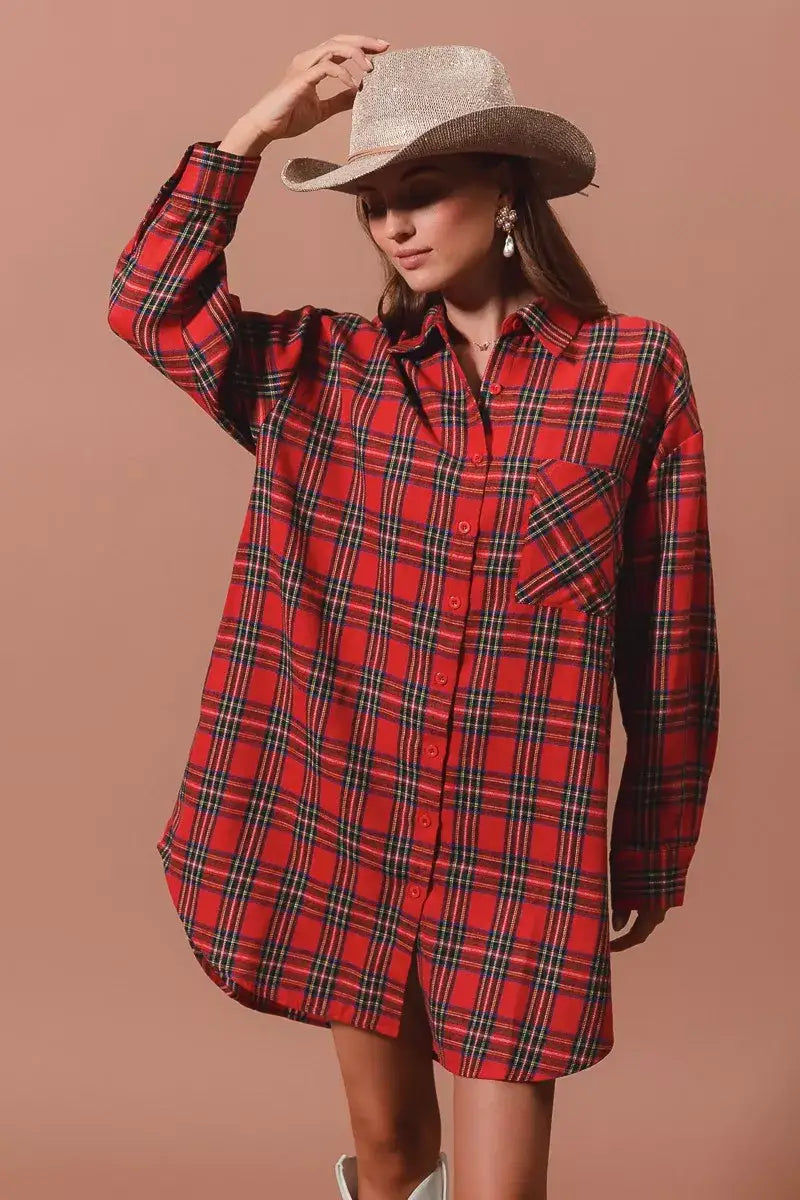 SO ME Christmas Checker Plaid Button Up Shirt Dress - RED MULTI / S