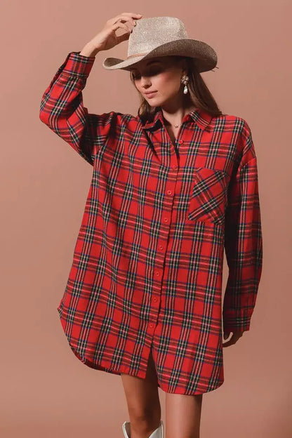 SO ME Christmas Checker Plaid Button Up Shirt Dress - RED MULTI / S