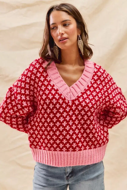 SO ME Color Block Textured Christmas Sweater V Neck Top