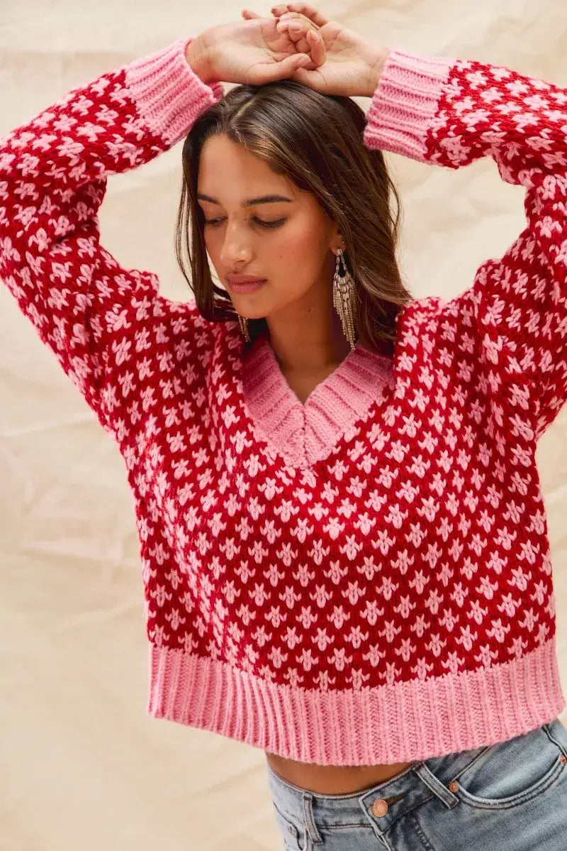 SO ME Color Block Textured Christmas Sweater V Neck Top