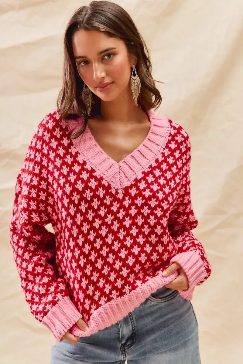 SO ME Color Block Textured Christmas Sweater V Neck Top - RED/PINK / S