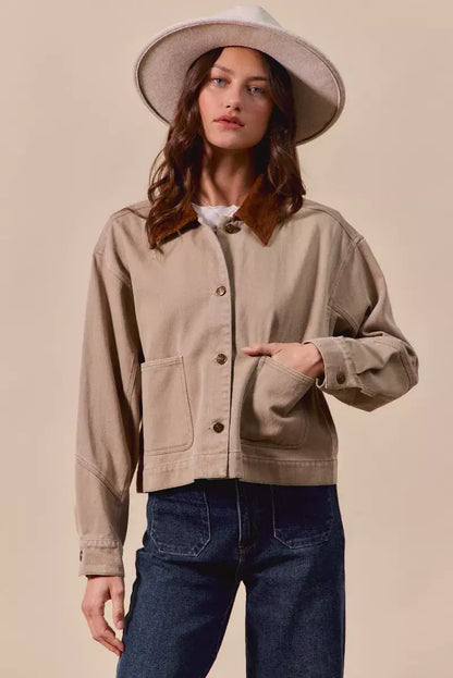 SO ME Cotton Twill Cropped Barn Jacket wtih Collar - Cropped Barn Jacket wtih Collar