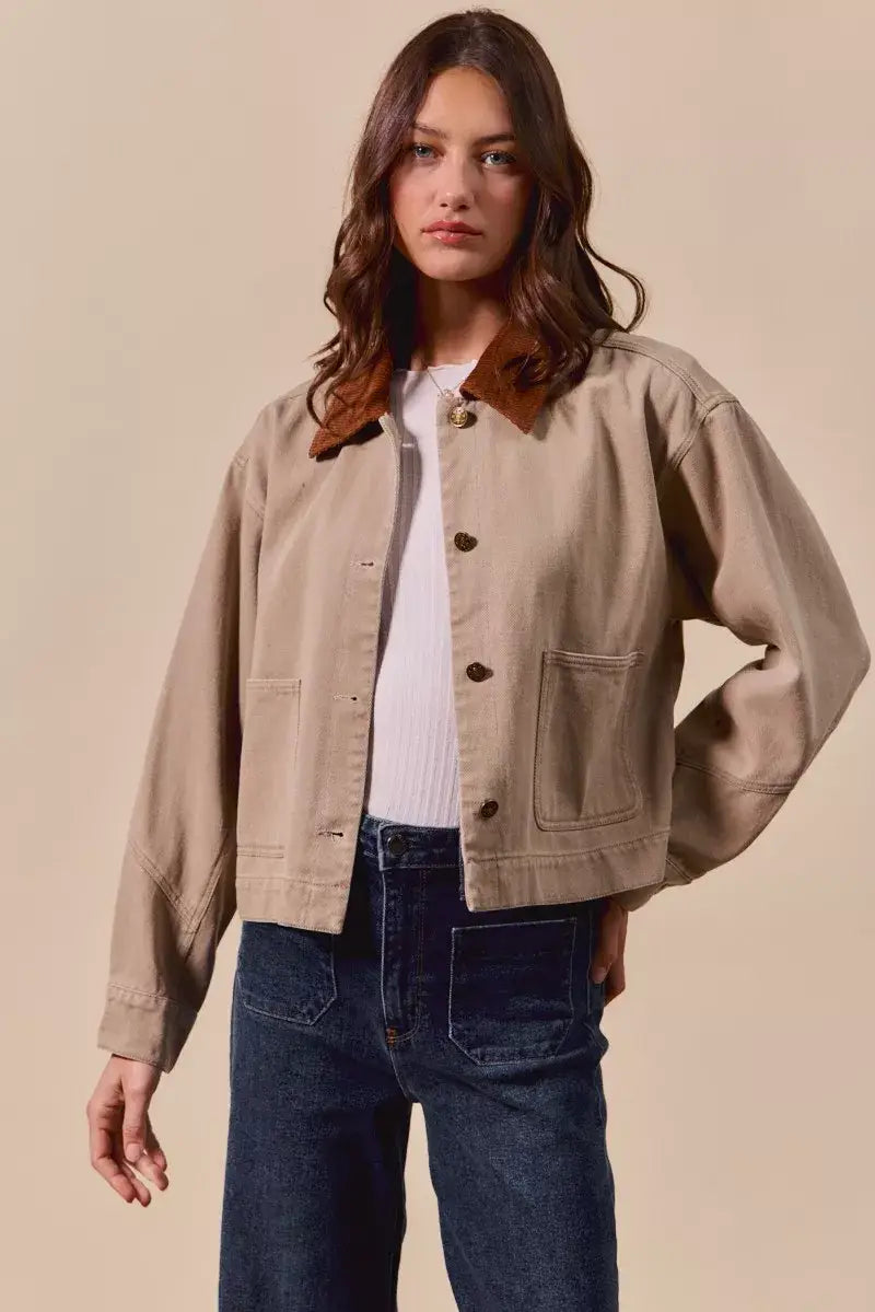 SO ME Cotton Twill Cropped Barn Jacket wtih Collar - Cropped Barn Jacket wtih Collar