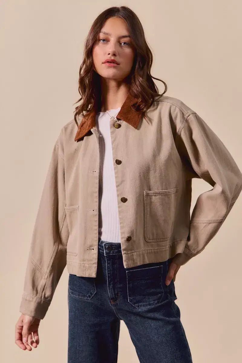 SO ME Cotton Twill Cropped Barn Jacket wtih Collar - Cropped Barn Jacket wtih Collar