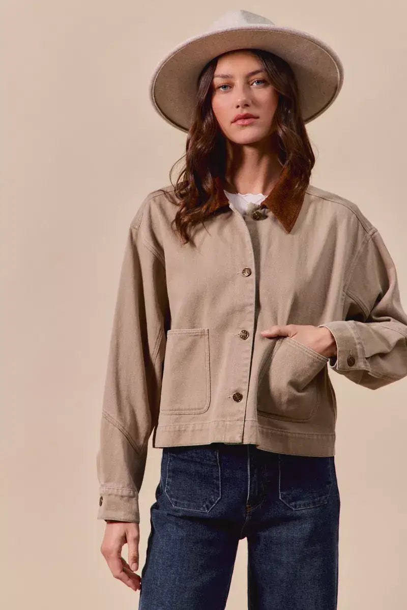 SO ME Cotton Twill Cropped Barn Jacket wtih Collar - Cropped Barn Jacket wtih Collar