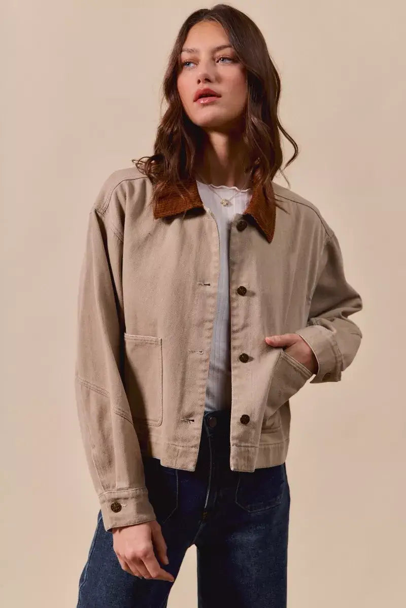 SO ME Cotton Twill Cropped Barn Jacket wtih Collar - Cropped Barn Jacket wtih Collar