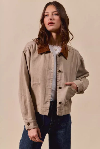 SO ME Cotton Twill Cropped Barn Jacket wtih Collar - Cropped Barn Jacket wtih Collar