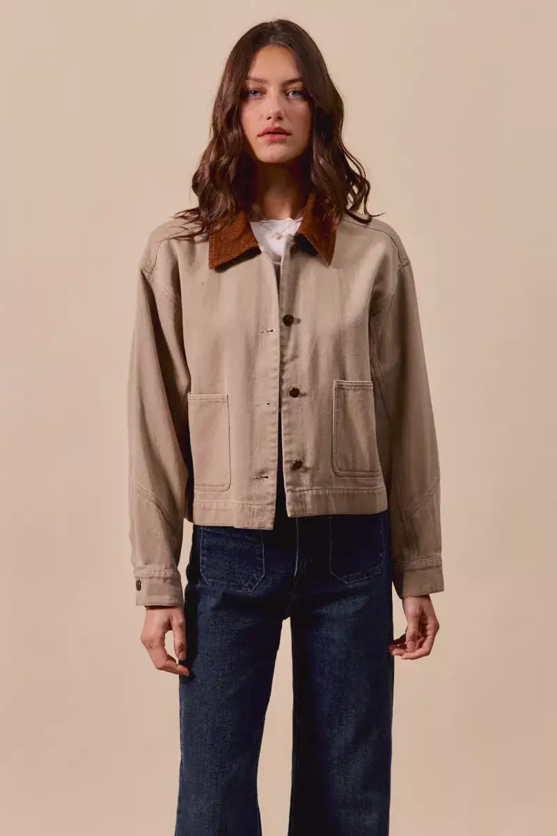 SO ME Cotton Twill Cropped Barn Jacket wtih Collar - Cropped Barn Jacket wtih Collar