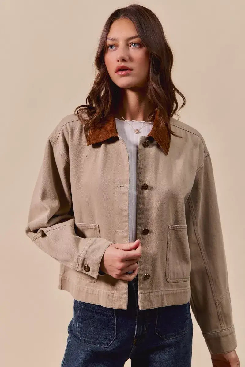 SO ME Cotton Twill Cropped Barn Jacket wtih Collar - Cropped Barn Jacket wtih Collar