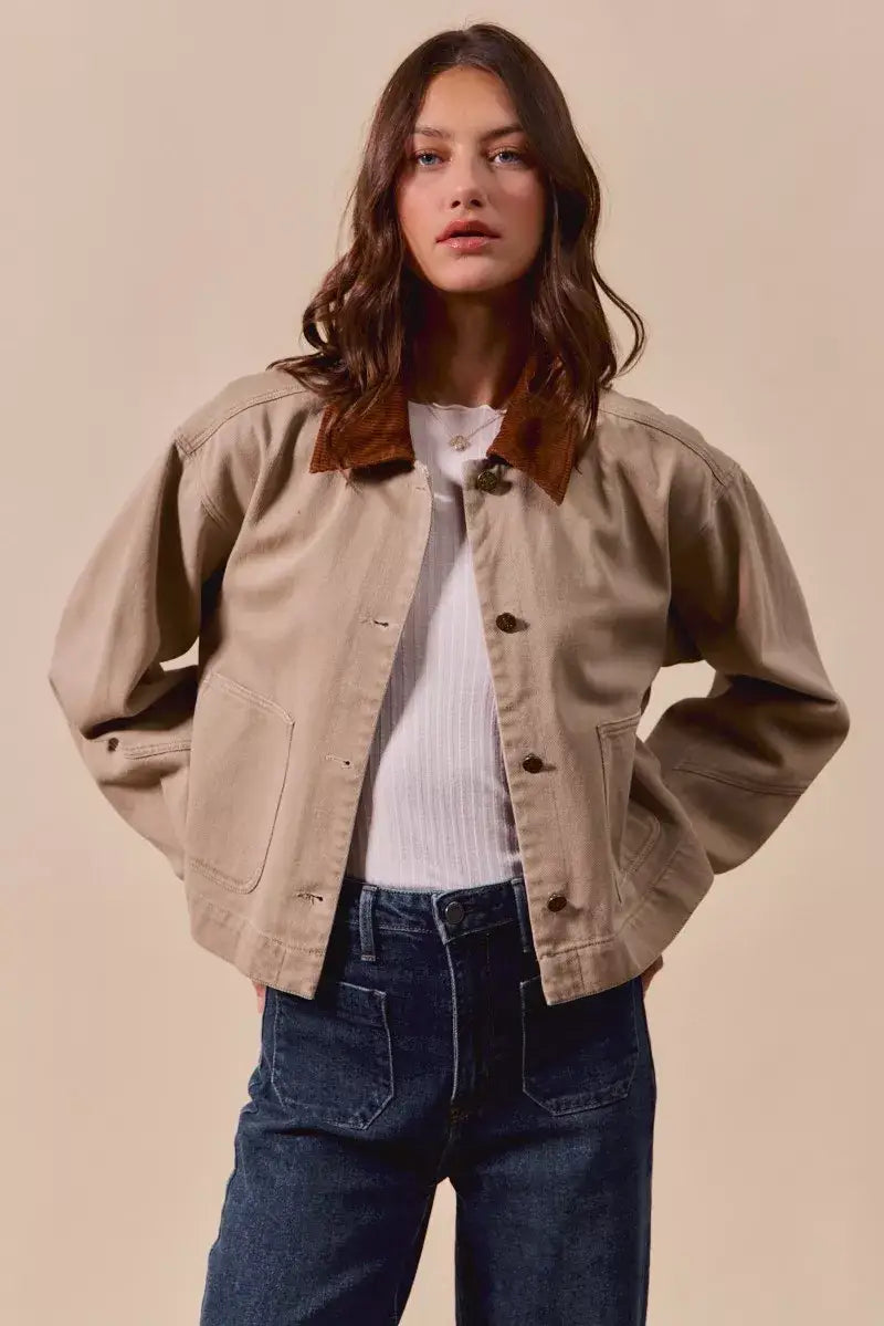 SO ME Cotton Twill Cropped Barn Jacket wtih Collar - Cropped Barn Jacket wtih Collar