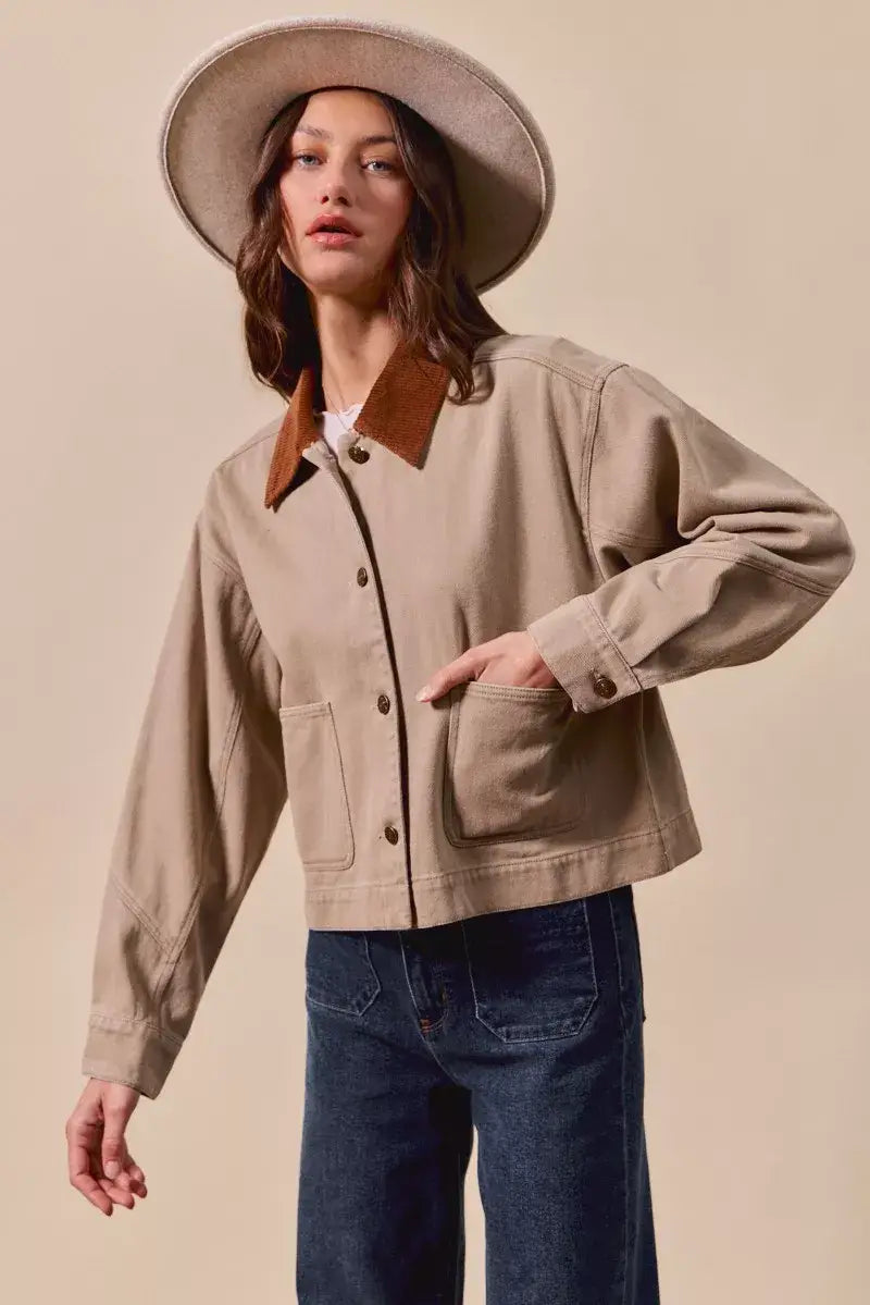 SO ME Cotton Twill Cropped Barn Jacket wtih Collar - Cropped Barn Jacket wtih Collar