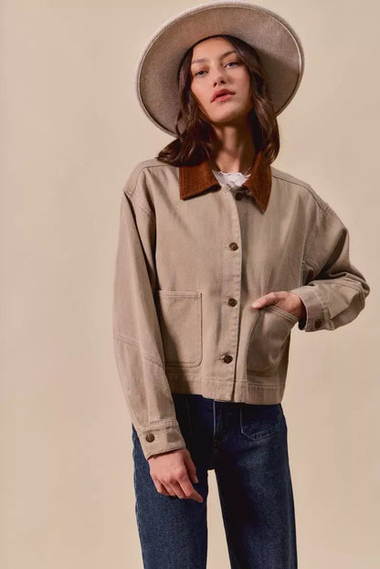 SO ME Cotton Twill Cropped Barn Jacket wtih Collar - Cropped Barn Jacket wtih Collar