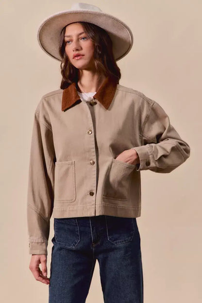 SO ME Cotton Twill Cropped Barn Jacket wtih Collar - Cropped Barn Jacket wtih Collar