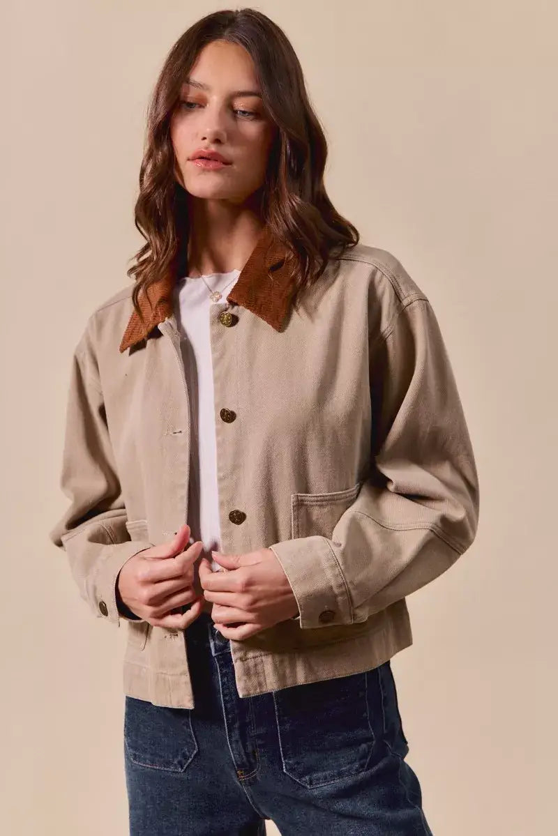 SO ME Cotton Twill Cropped Barn Jacket wtih Collar - Cropped Barn Jacket wtih Collar