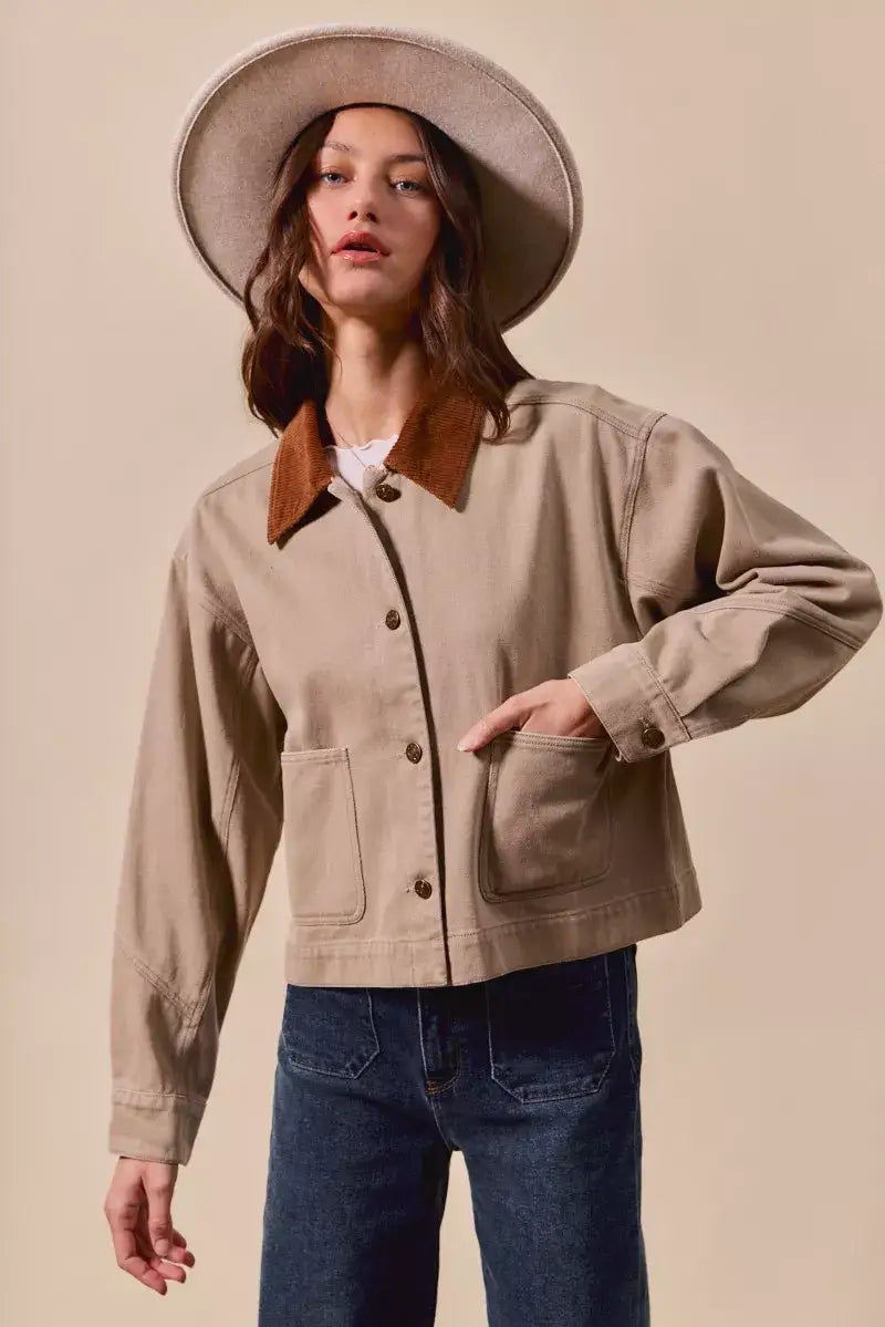 SO ME Cotton Twill Cropped Barn Jacket wtih Collar - TAUPE / S - Cropped Barn Jacket wtih Collar