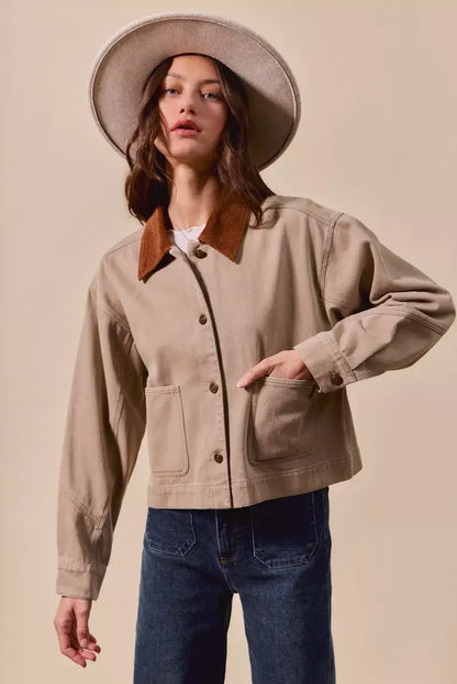 SO ME Cotton Twill Cropped Barn Jacket wtih Collar - TAUPE / S - Cropped Barn Jacket wtih Collar