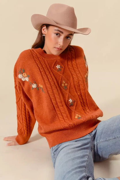 SO ME Embroidered Flower Cable Knitted Sweater - Flower Cable Knitted Sweater