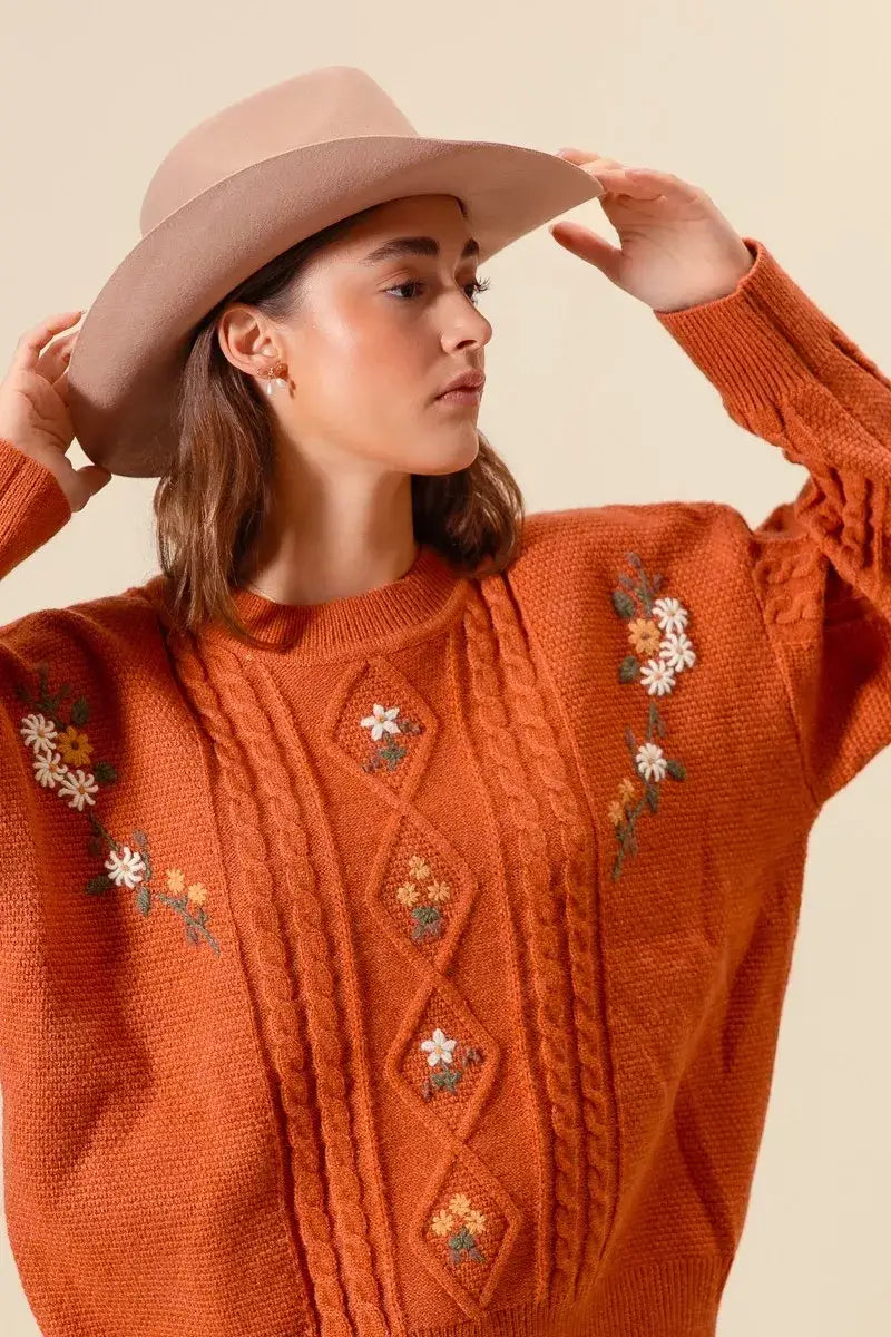 SO ME Embroidered Flower Cable Knitted Sweater - Flower Cable Knitted Sweater