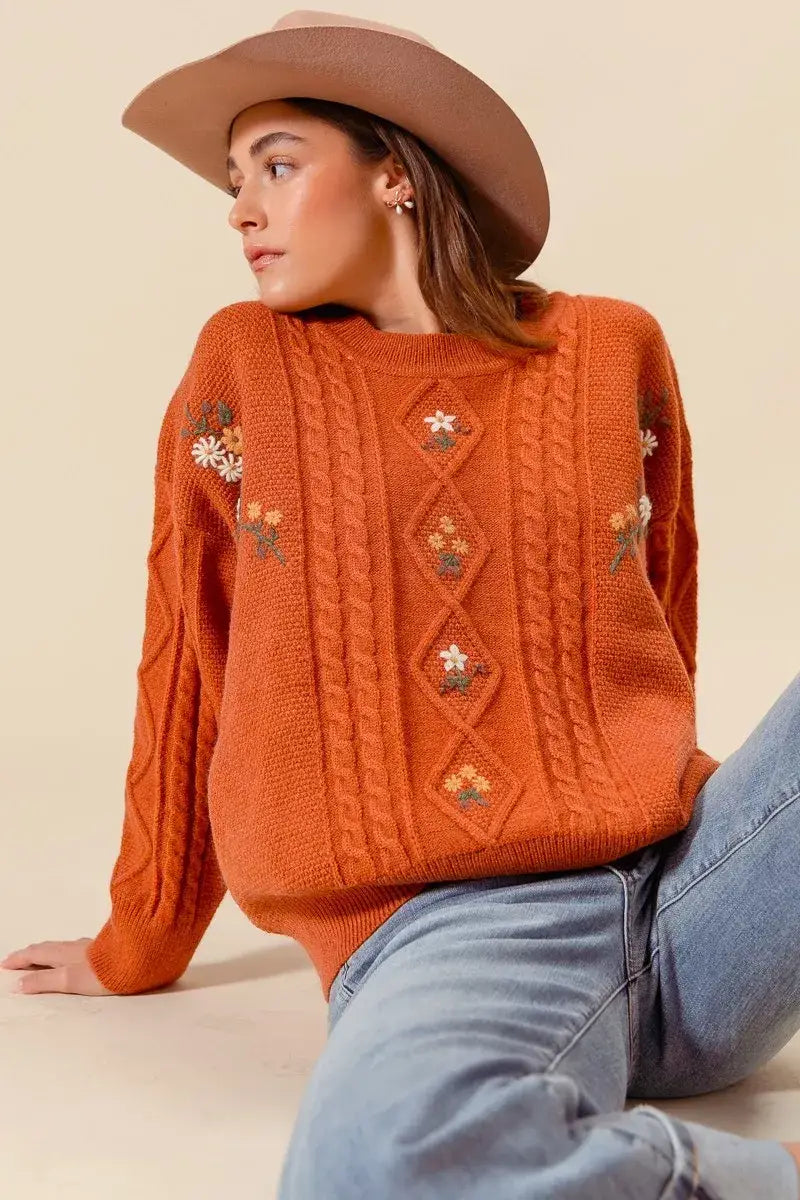 SO ME Embroidered Flower Cable Knitted Sweater - Flower Cable Knitted Sweater