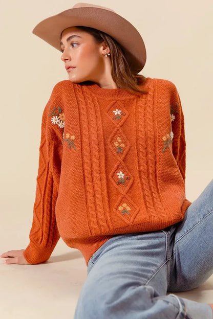 SO ME Embroidered Flower Cable Knitted Sweater - Flower Cable Knitted Sweater