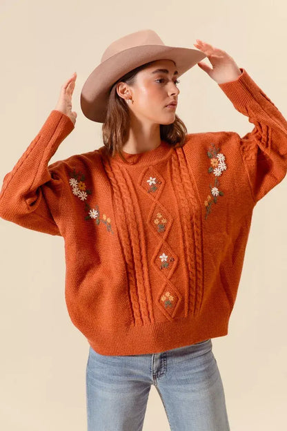 SO ME Embroidered Flower Cable Knitted Sweater - BRICK / S - Flower Cable Knitted Sweater