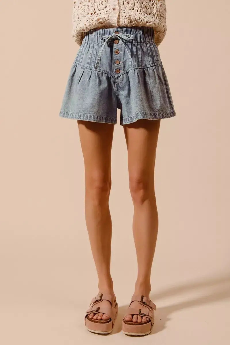 SO ME Flared Denim Shorts with Elasticized Waist