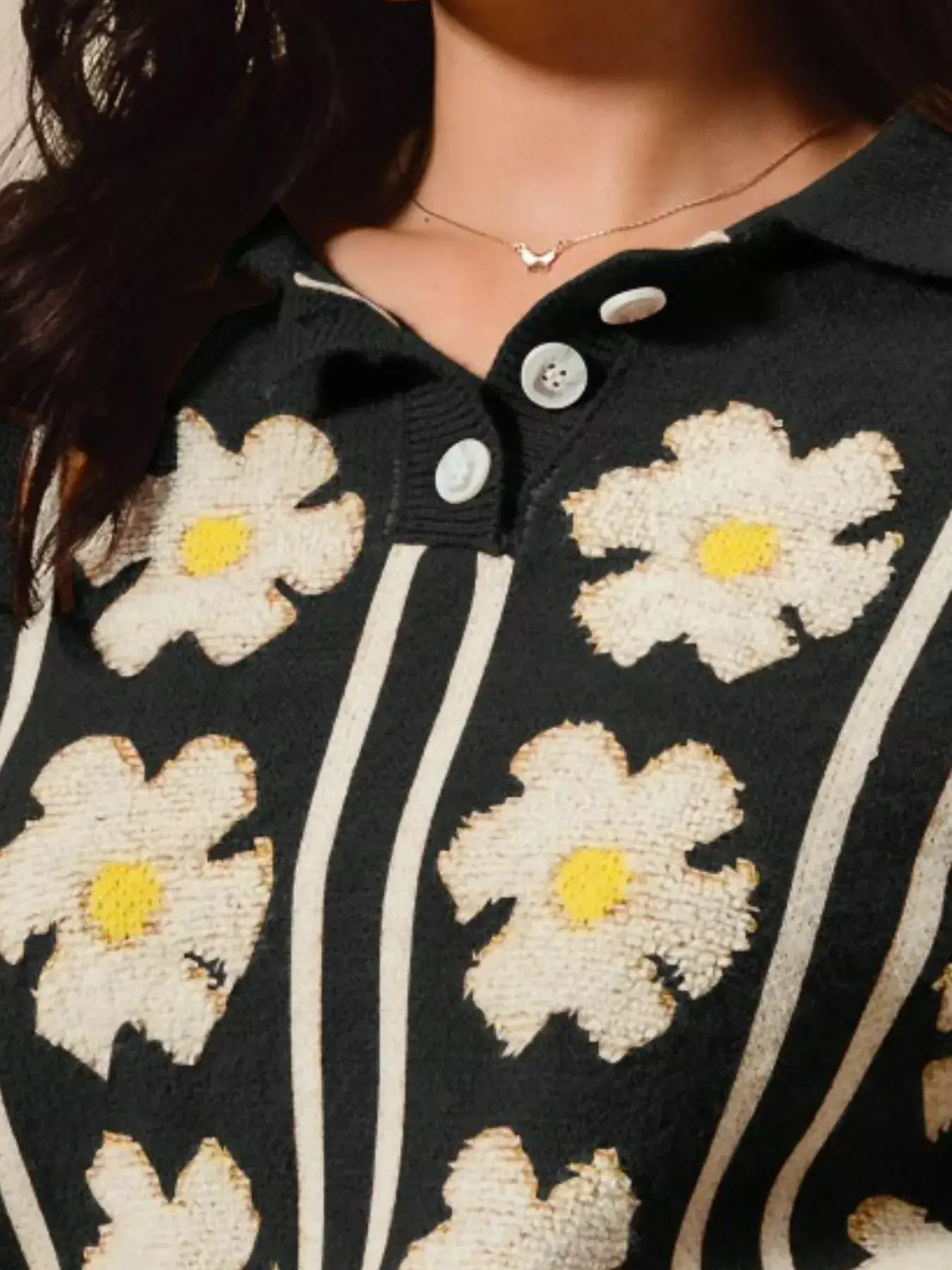 SO ME Floral Stripe Polo Collar Sweater - Polo Collar Sweater