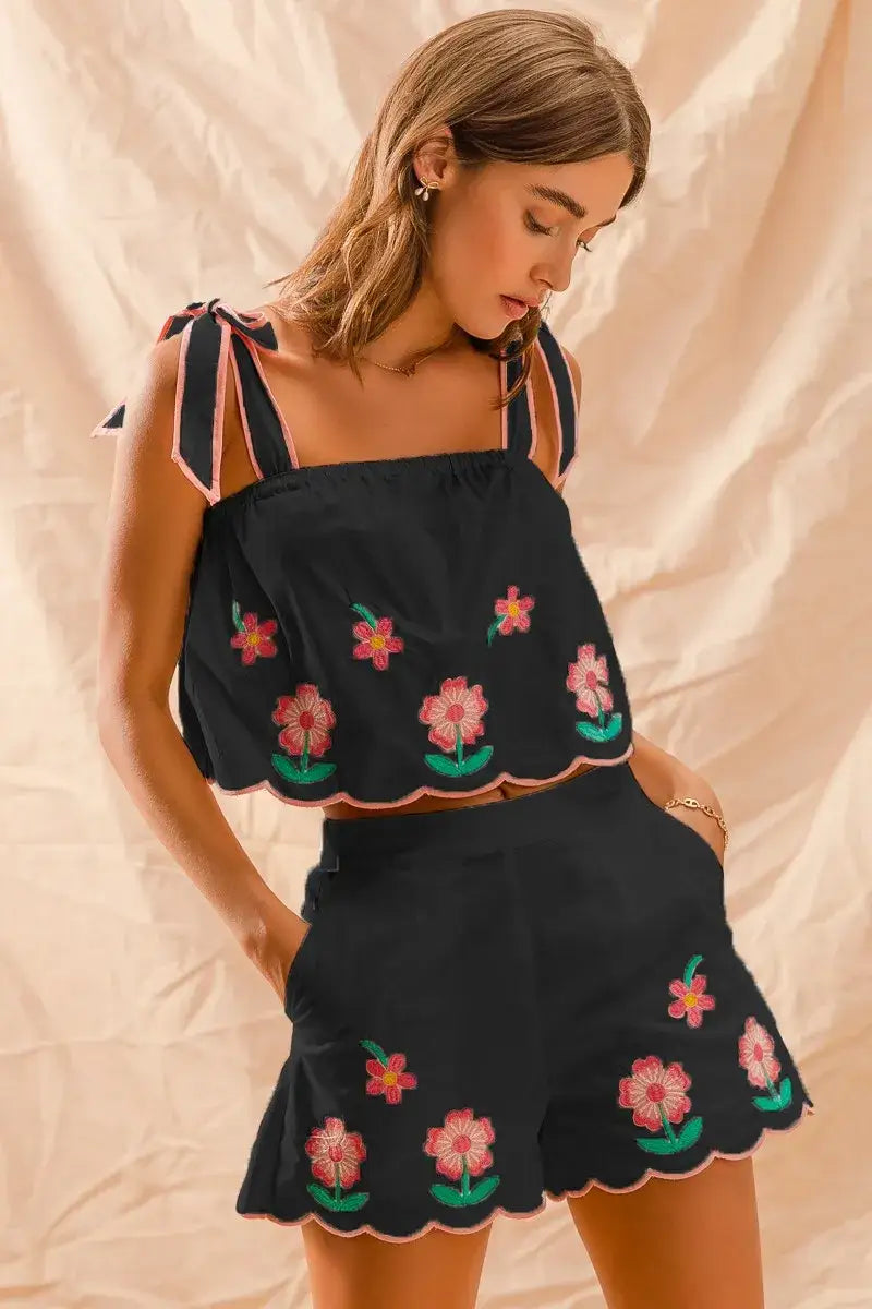 SO ME Flower Embroidered Tank Top and Shorts Set - BLACK / S - Apparel & Accessories > Clothing > One-Pieces >
