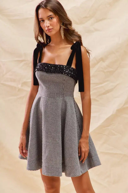 SO ME Houndstooth Fit Flare Mini Dress with Shoulder Tie