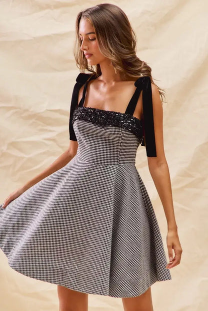 SO ME Houndstooth Fit Flare Mini Dress with Shoulder Tie