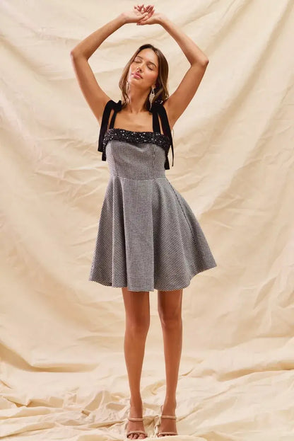 SO ME Houndstooth Fit Flare Mini Dress with Shoulder Tie
