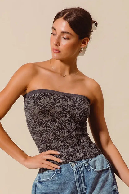 SO ME Jacquard Floral Two Tone Seamless Tube Top - Seamless Tube Top