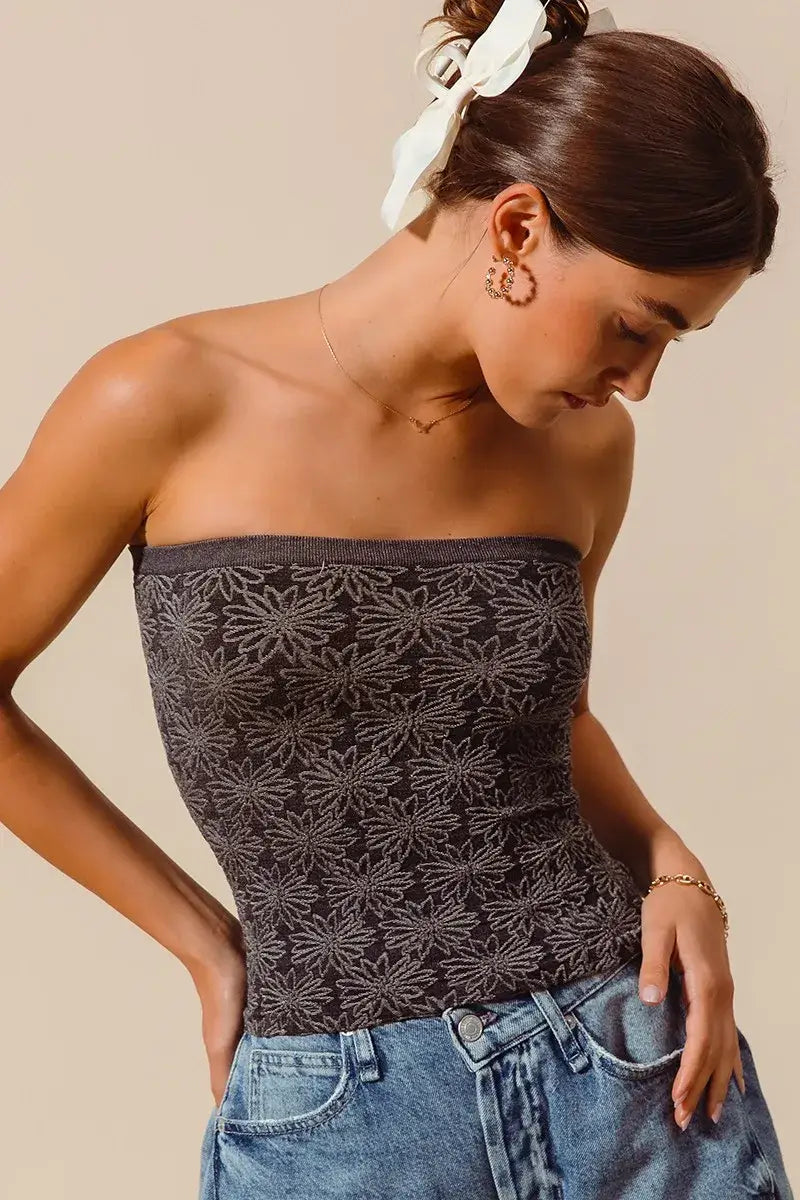 SO ME Jacquard Floral Two Tone Seamless Tube Top - Seamless Tube Top