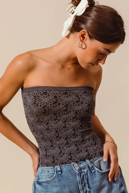 SO ME Jacquard Floral Two Tone Seamless Tube Top - Seamless Tube Top