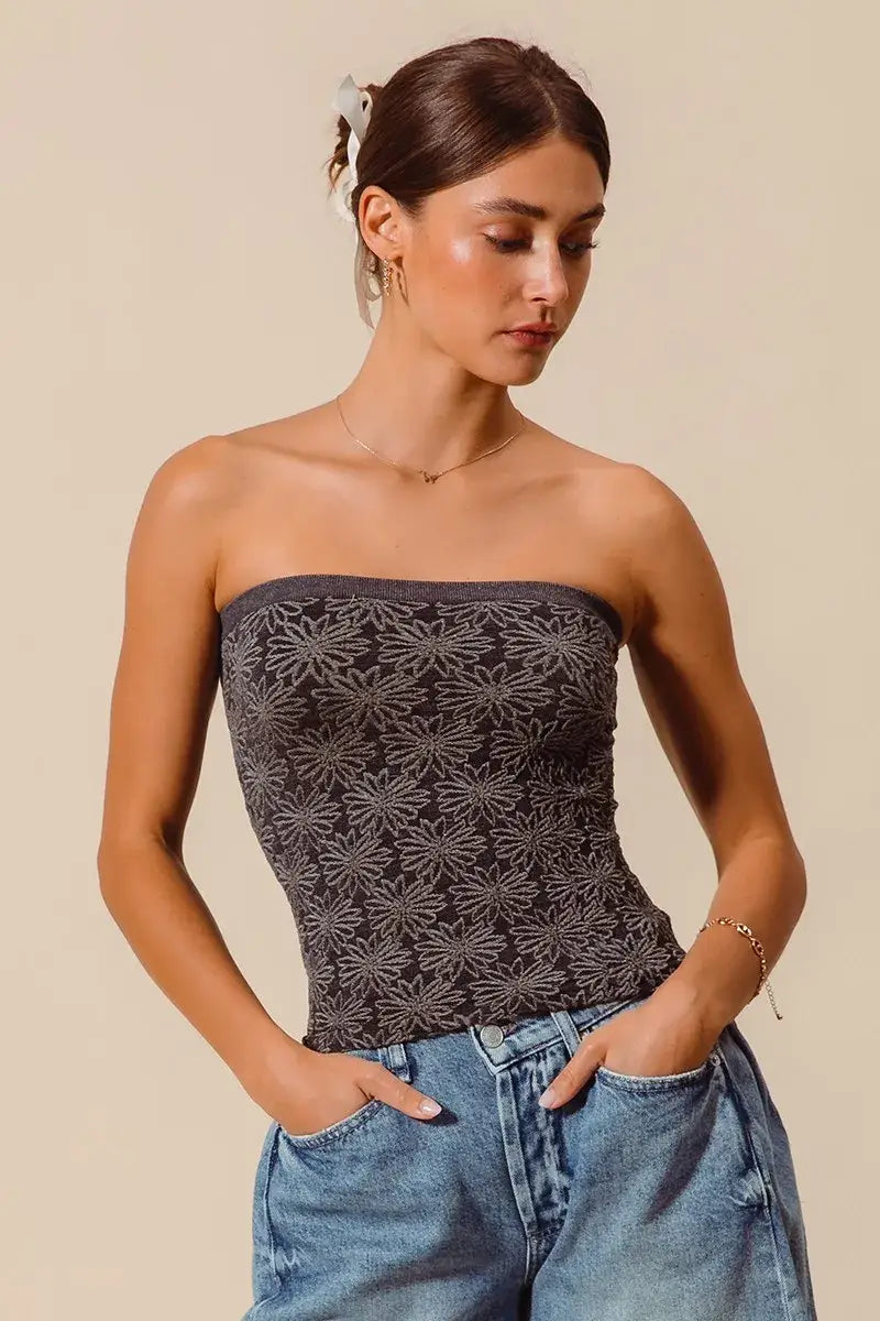 SO ME Jacquard Floral Two Tone Seamless Tube Top - Seamless Tube Top