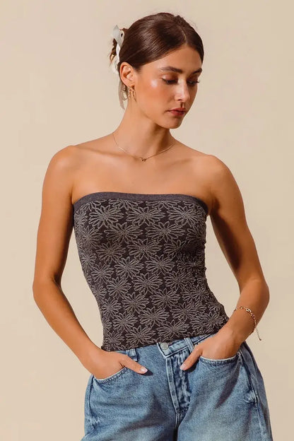 SO ME Jacquard Floral Two Tone Seamless Tube Top - Seamless Tube Top