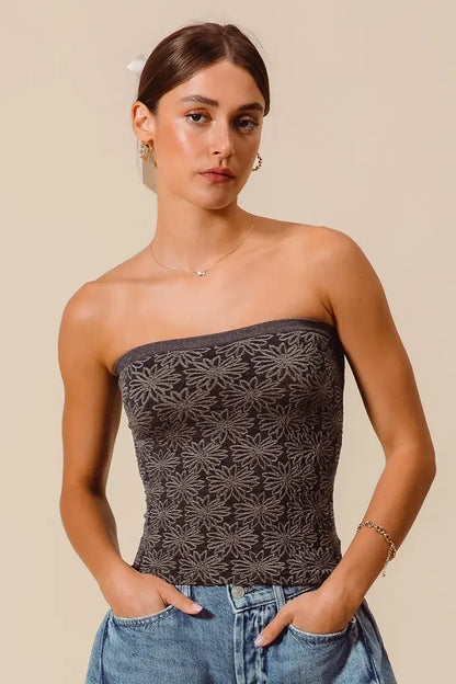 SO ME Jacquard Floral Two Tone Seamless Tube Top - Seamless Tube Top